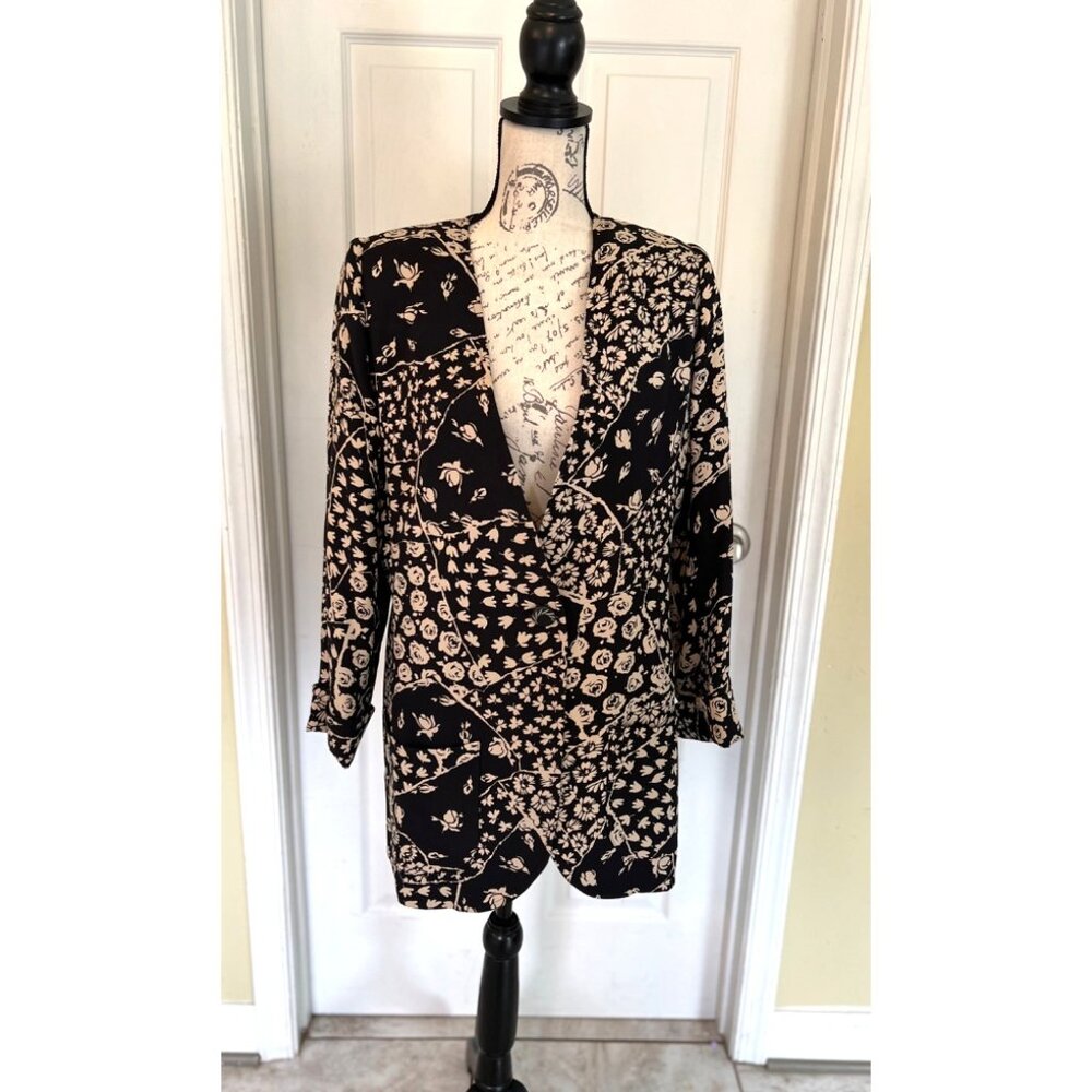 Vintage 90's Carlisle 100% Silk Floral Blazer Jacket Women's 10 Neutral Floral